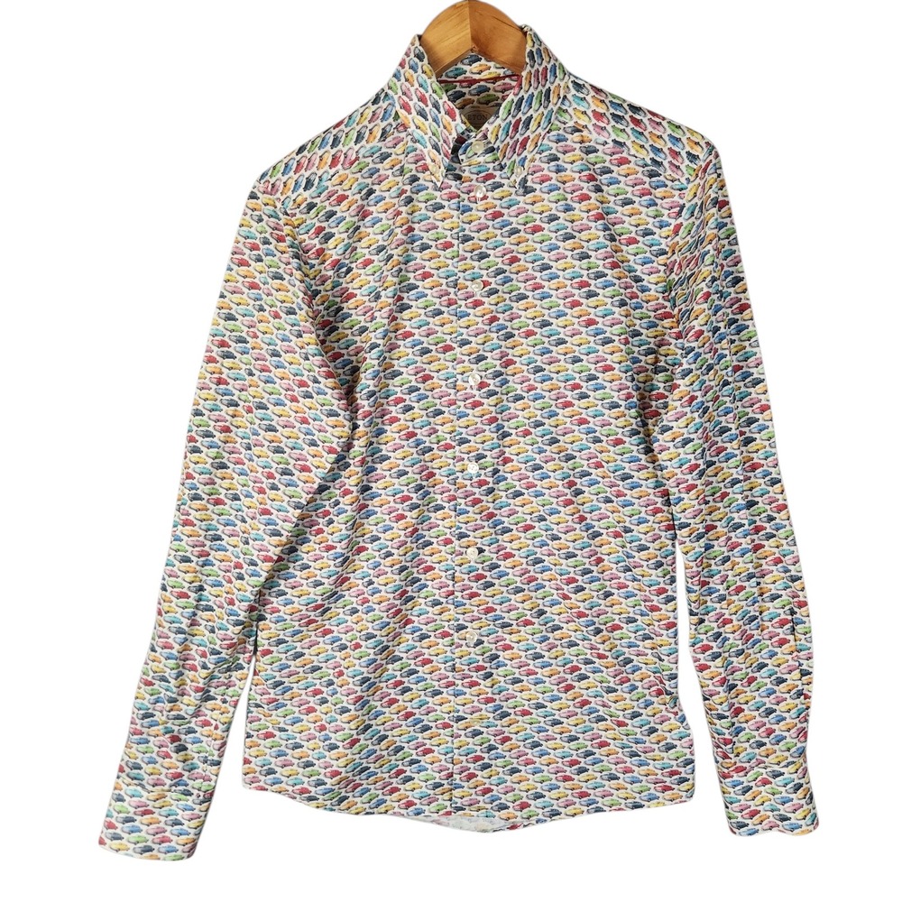 Eton Button Down Dress Shirt Men's Size 15 38 White Vintage Car Print Slim Fit